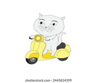 Cute cartoon illustration of a cat on a moped