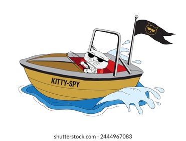 Cute cartoon illustration of a cat in a speed boat