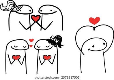 Cute cartoon illustration of characters holding red hearts, symbolizing love and connection. Minimalist style with black outlines and red accents adds charm. Valentines theme