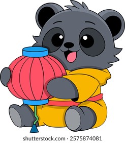 A cute cartoon illustration of a cheerful bear wearing a yellow outfit and holding a vibrant red lantern, symbolizing the festive spirit of Chinese New Year.