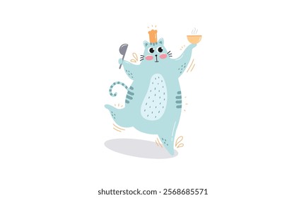 Cute cartoon illustration of a cheerful blue cat wearing a chef's hat, holding a steaming bowl and a ladle in a playful pose.