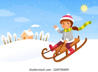 cute cartoon illustration for children - a happy small girl riding down the hill on a sledge in the countryside, with bright winter theme background. Vector eps file.