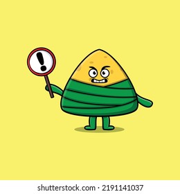 Cute cartoon illustration chinese rice dumpling with exclamation sign board