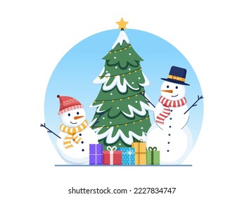 Cute Cartoon illustration Christmas Tree with snowman and Christmas gift box around.
Christmas tree hand draw illustration.
Suitable for greeting card, postcard, web, banner, poster, landing page, etc