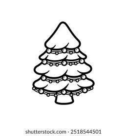 Cute cartoon illustration christmas tree outline with decorative lights, suitable for logo, sticker, icon, drawing or coloring book etc.