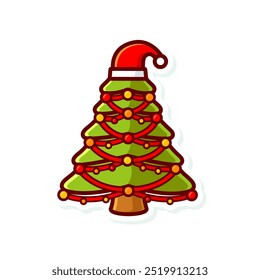 Desenho animado bonito ilustração árvore de natal com luzes decorativas coloridas e contorno de chapéu de Papai Noel, adequado para logotipo, adesivo, ícone, etc. 
