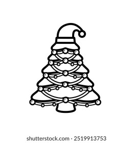 Cute cartoon illustration christmas tree outline with decorative lights and santa hat, suitable for logo, sticker, icon, drawing or coloring book etc.