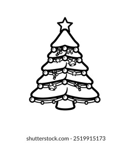 Cute cartoon illustration christmas tree outline with decorative lights, Bell, Cane, And Star, suitable for logo, sticker, icon, drawing or coloring book etc.
