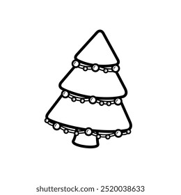 Cute cartoon illustration christmas tree outline with decorative lights, suitable for logo, sticker, icon, drawing or coloring book etc.