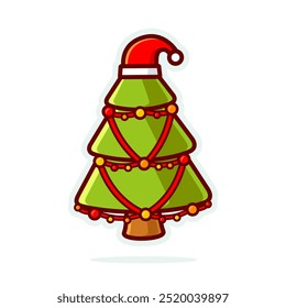 Cute cartoon illustration christmas tree with colorful decorative lights and santa hat outline, suitable for logo, sticker, icon, etc.
