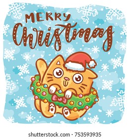 Cute cartoon illustration for Christmas/Xmas celebration with ginger Cat character. In vector hand drawn, doodle style illustration for card, poster, banner, invitation