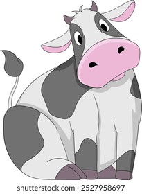 A cute cartoon illustration of a chubby dairy cow sitting with a curious and playful expression, featuring a pink nose and black-and-white markings