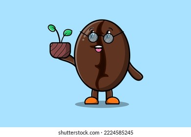 Cute cartoon illustration Coffee beans holding plant in a pot flat modern style design