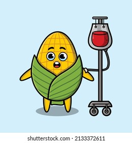Cute cartoon illustration of corn having blood transfusion with cute modern style design 