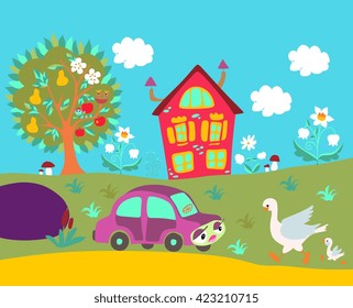 Cute cartoon illustration with country house, tree, flowers, car and birds. Spring or summer season. 