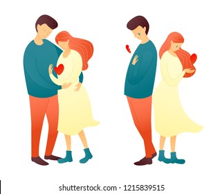 Cute cartoon illustration of couple in love and couple broke up. Relationships development. Young man and woman holding each other and than standing back to back crying heartbroken