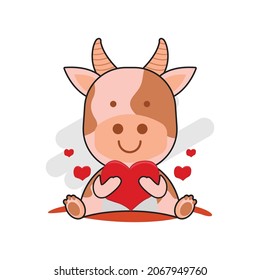 Cute cartoon illustration cow holding heart design vector