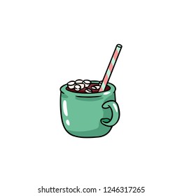 Cute cartoon illustration with a cup of hot chocolate and marshmallow