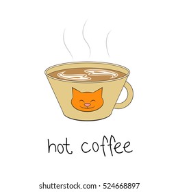 Cute cartoon illustration with a cup of hot coffee, and hot coffee inscription. (handwritten, lettering)