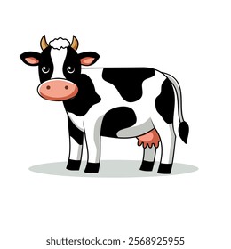 Cute cartoon illustration of a dairy cow with black and white spots, horns, and an udder, perfect for farm-related designs, educational materials, children’s books, or agricultural branding