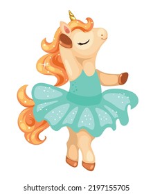 Cute cartoon illustration of dancing ballerina unicorn. Beautiful baby girl character wearing tutu skirt.  Vector character isolated on white background