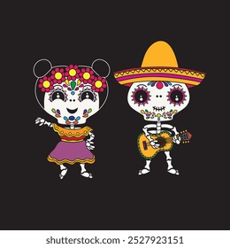 Cute cartoon illustration of dancing Mexican skeletons