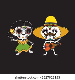 Cute cartoon illustration of dancing Mexican skeletons