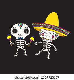 Cute cartoon illustration of dancing Mexican skeletons