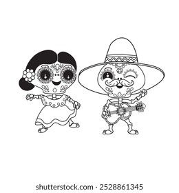 Cute cartoon illustration of dancing Mexican skeletons