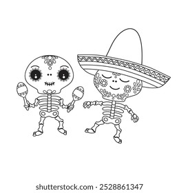 Cute cartoon illustration of dancing Mexican skeletons