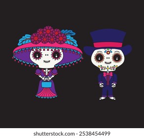 Cute cartoon illustration of the Day of the Dead skeletons