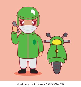 cute cartoon illustration of a delivery man with a mask calling a customer