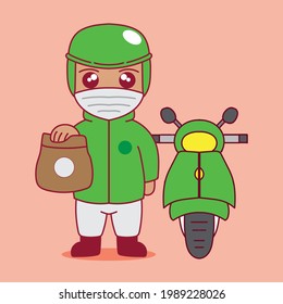 cute cartoon illustration of delivery man with mask giving medicine bag to customer