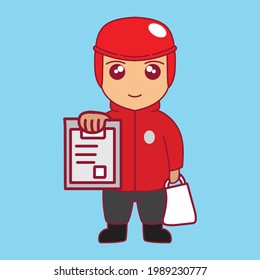 cute cartoon illustration of a delivery person or an online motorcycle taxi showing a payment receipt to a customer