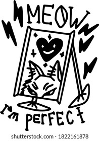 Cute cartoon illustration. Design element, white background. Logo. Good for patches and stickers. Beautiful female eye. Feminism, body positive, self-acceptance. The cat looks in the mirror. Humor.