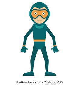 Cute cartoon illustration of a diver in a green wetsuit. Suitable for children's books, sticker,t shirt design, mascot, logo.Isolated on white background. Front view. Vector illustration.