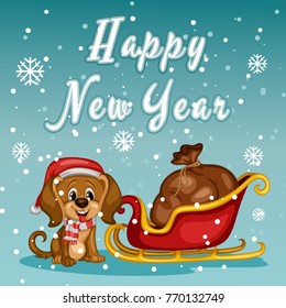 Cute Cartoon Illustration of a Do with Christmas Hat. Happy New Year Greeting Card