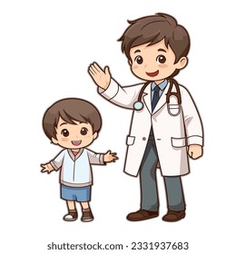 cute cartoon illustration doctor and child patient talking