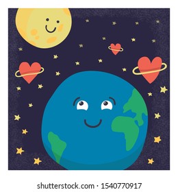 Cute cartoon illustration. Earth and moon looking at each other. Starry sky. Space with heart form Saturn planets. Lovely characters, friends. Childish, kids style. Dark background. 