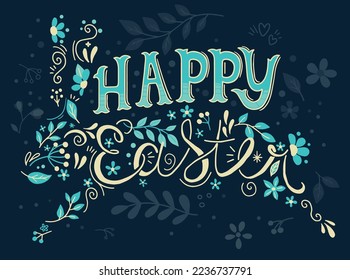 cute cartoon illustration of easter bunny silhouette with flowers and plants, hand drawn writing