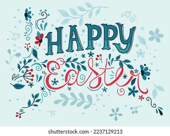 cute cartoon illustration of easter bunny silhouette with flowers and plants, hand drawn writing