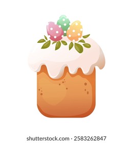 Cute cartoon illustration of Easter cake decorated by twig and eggs. Paska, kulich icon or print