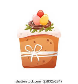 Cute cartoon illustration of Easter cake decorated by twig and eggs. Paska, kulich icon or print