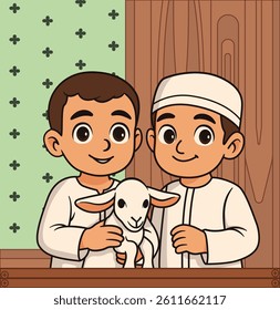 Cute Cartoon Illustration of Eid al-Adha with a Goat