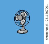 Cute cartoon illustration of an electric table fan on a clean blue background. Hand-drawn style cooling appliance with spinning blades, perfect for summer, hot weather, ventilation, home appliances, air circulation, cooling technology, electricity, energy, household, office, icons, stickers, educational materials, advertisements, branding, packaging, and seasonal promotional designs.