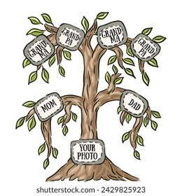 Cute cartoon illustration of a family genealogic tree, vector template for photo or text