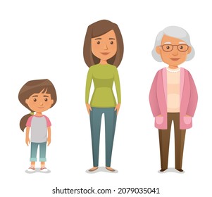 cute cartoon illustration of family members - daughter, mother and grandmother. Young woman, senior woman and little girl. Three generations of people. Aging concept. Cartoon characters.