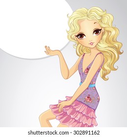 Cute Cartoon Illustration Of Fashionable Blonde Girl And Thinking Bubble