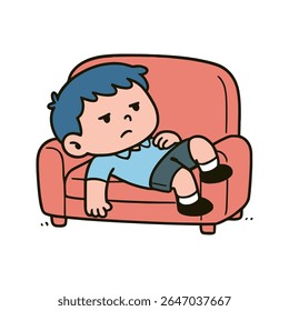 Uma ilustração de desenho animado bonito apresenta um menino com cabelo azul que parece entediado enquanto ele se deita em um sofá colorido de coral