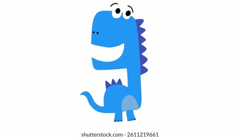 A cute cartoon illustration features a bright blue dinosaur with large, round eyes and a wide smile.